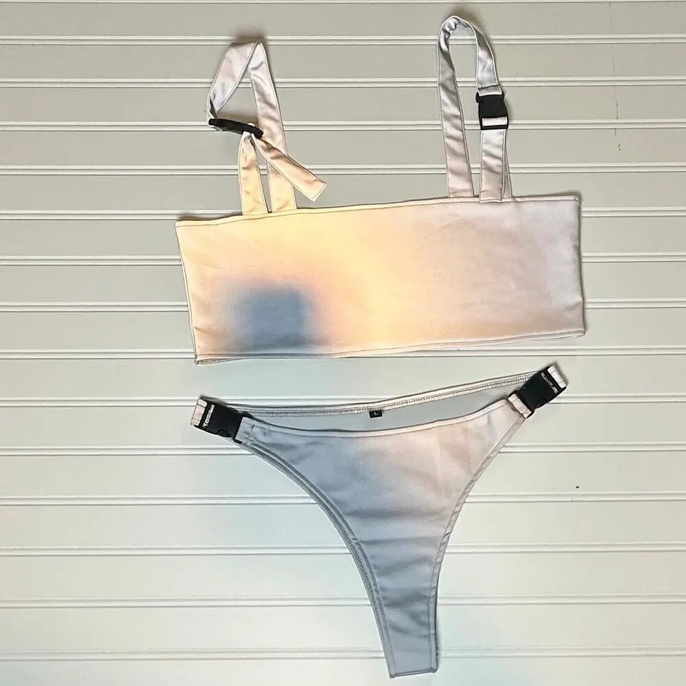 Women 2 Piece Swimsuit Reflective Silver Bikini Set Large Buckle Strap High Cut - Picture 5 of 11